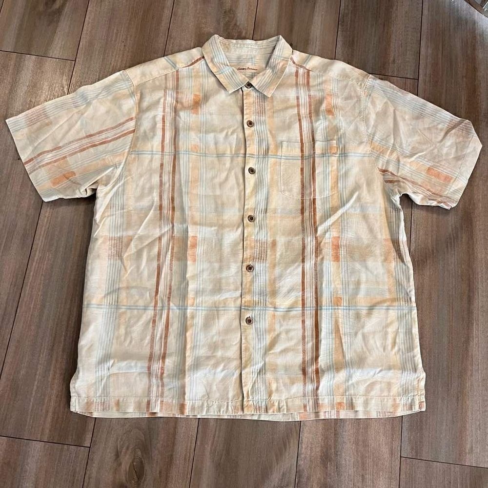 Tommy Bahama Mens XL Silk Blend Short Sleeve Button Up Camp Shirt Plaid Bin O-35